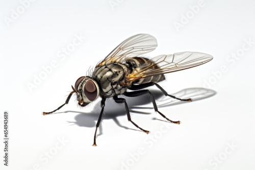 Fly with red eyes and transparent wings, facing left on a white background. © Sebastian Studio