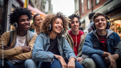 Happy teenagers having fun, communicating, listening to music and dancing.