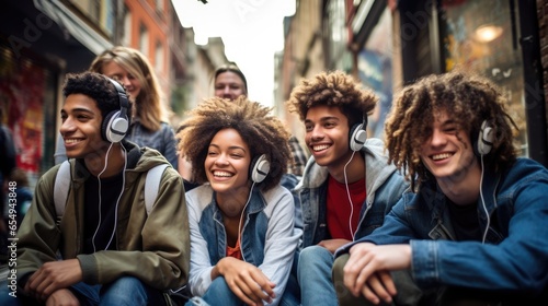 Group of happy teenagers on the street. They have fun, communicate, listen to music and dance. photo