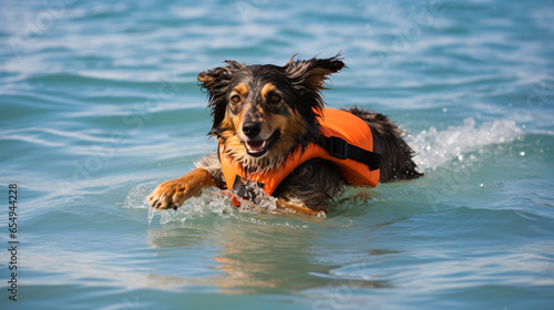 Lifeguard dog swimming in a water, dog playing in water with a floating life jacket photo