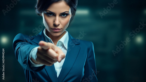 professional woman pointing at you banner- confidant girl in a suit pointing finger at camera with copy space photo