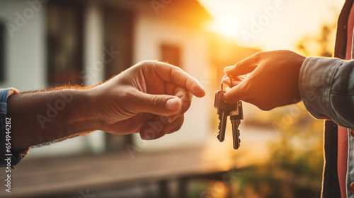 the person handing over a house key, real estate deal concept, buying a house, selling house concept photo
