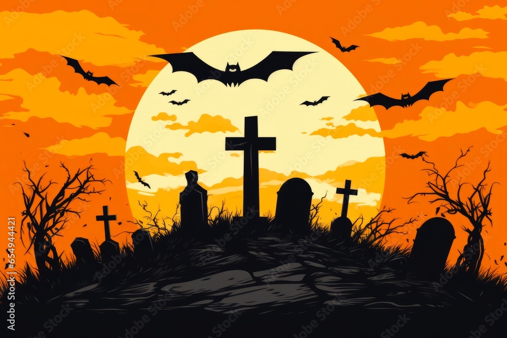 Illustration graphique sombre  et effrayante de cimetière avec lune et chauve-souris pour Halloween.