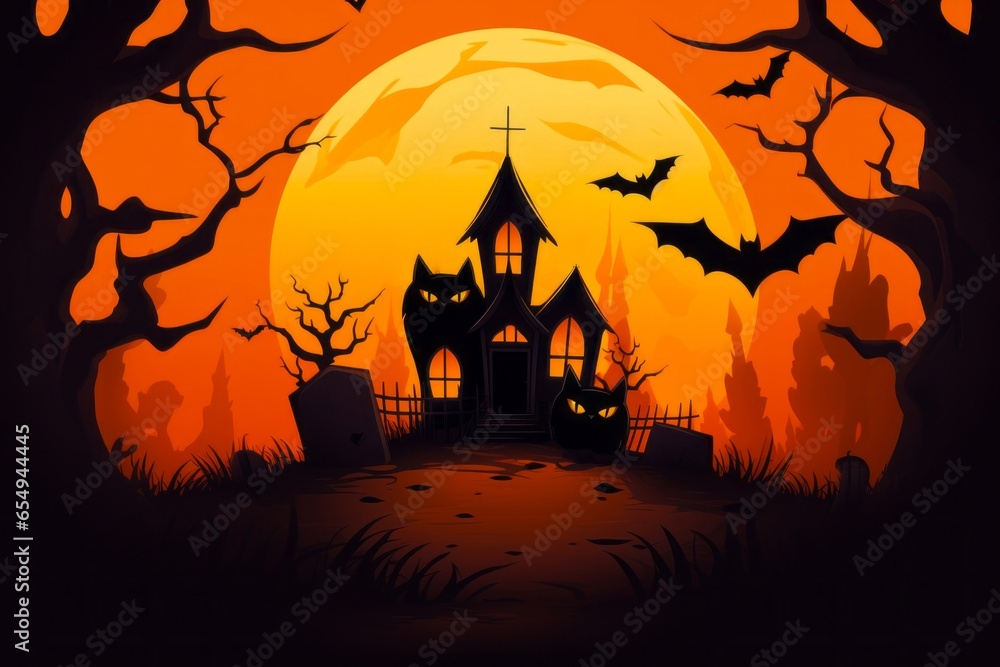 Décor effrayant pour Halloween : chat noir, manoir hanté avec des chauve-souris, des citrouilles et des tombes.