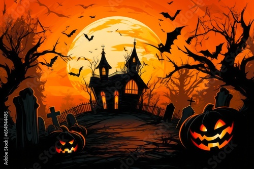illustration pour la célébration d'Halloween, maison hantée effrayante avec chauve-souris, citrouille et tombe.