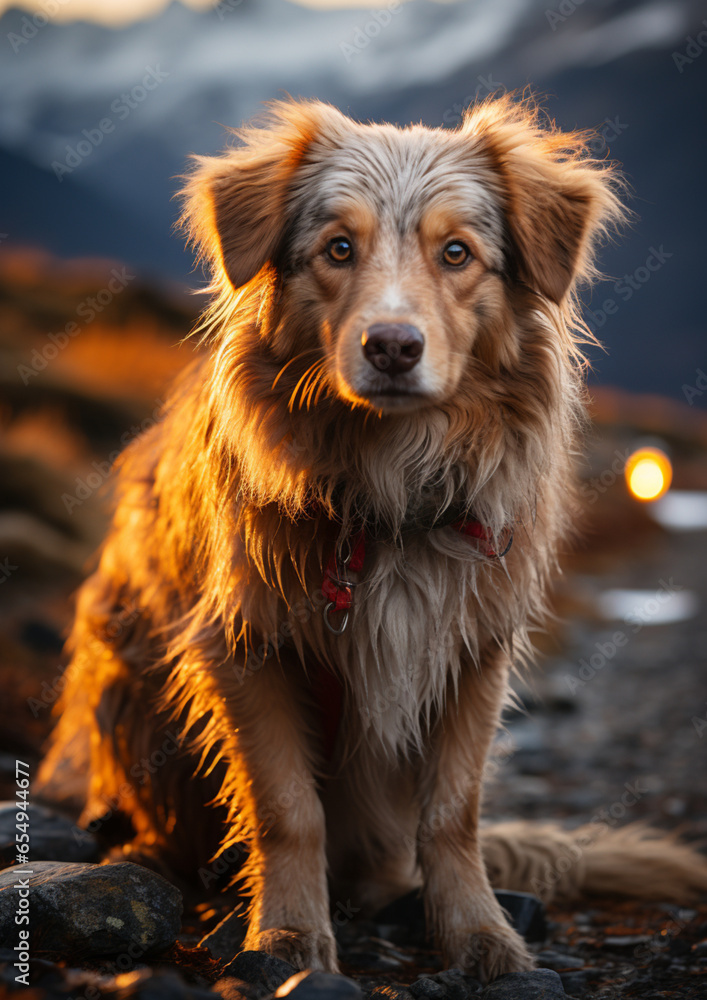 Cute Alaskan dog posing on the road lights on, generative ai