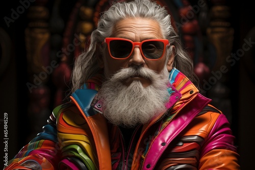 Moderner Santa Claus in Rosa: Hipper alter Mann mit weißem Bart photo