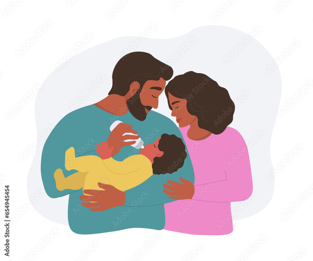 Happy family together. Mom and dad hold the baby in their arms and feed from a bottle. Vector flat graphics.