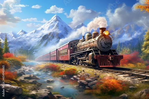 An artistic portrayal of a cargo train moving along tracks in a picturesque landscape. Generative AI