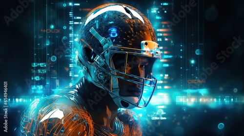  Portrait American football sportsman player on blue futuristic technology background.