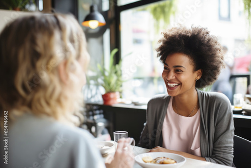 Happy smiling female friends sitting in a café laughing and talking during a lunch break