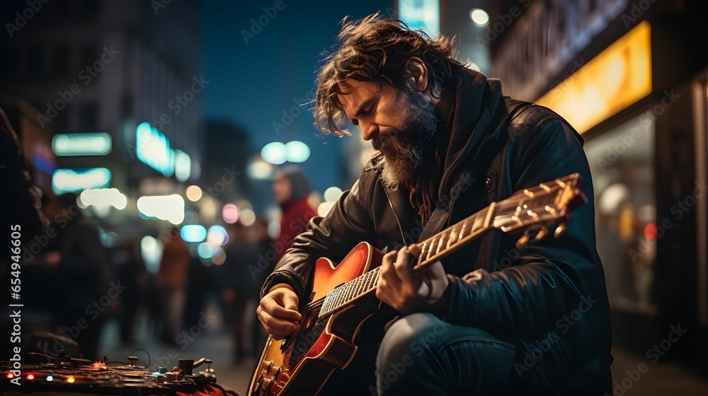 A street musician plays guitar at night on the street. Generative Ai - obrazy, fototapety, plakaty 