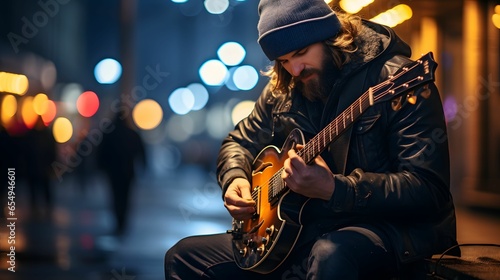 A street musician plays guitar at night on the street. Generative Ai