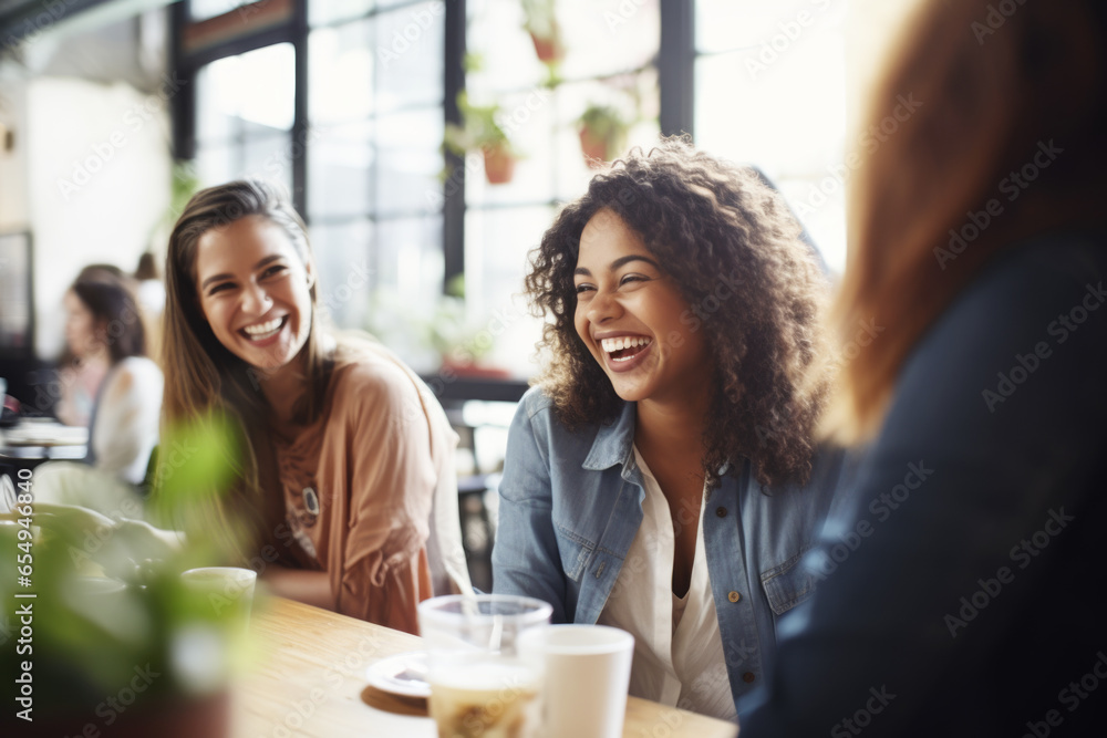 Happy smiling female friends sitting in a café laughing and talking during a lunch break Happy smiling female friends sitting in a café laughing and talking during a lunch break