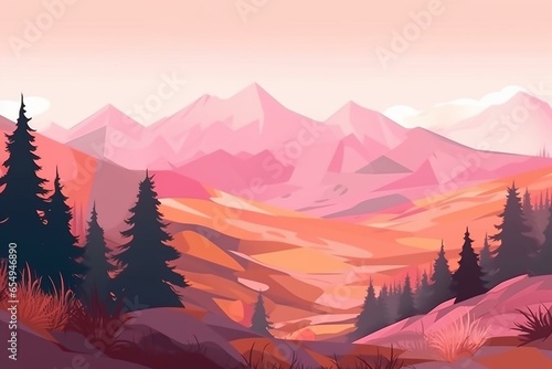 Landscape with pink mountains and a forest of trees in vibrant pastel colors. Serene and romantic nature scene. Generative AI © Jacob