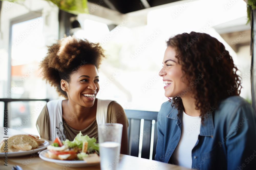 Happy smiling female friends sitting in a café laughing and talking during a lunch break Happy smiling female friends sitting in a café laughing and talking during a lunch break
