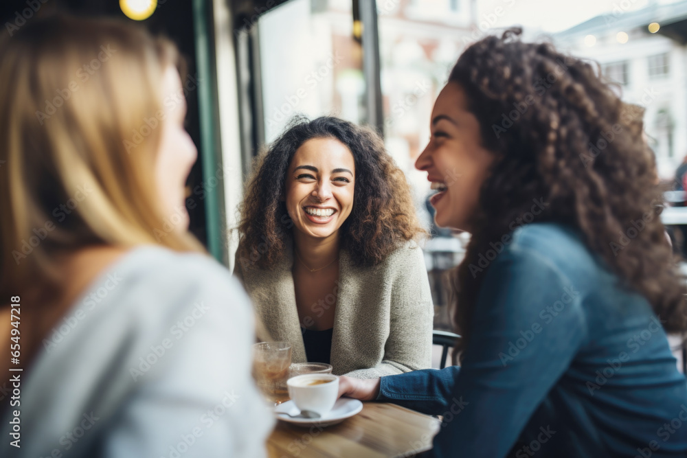Fototapeta premium Happy smiling female friends sitting in a café laughing and talking during a lunch break