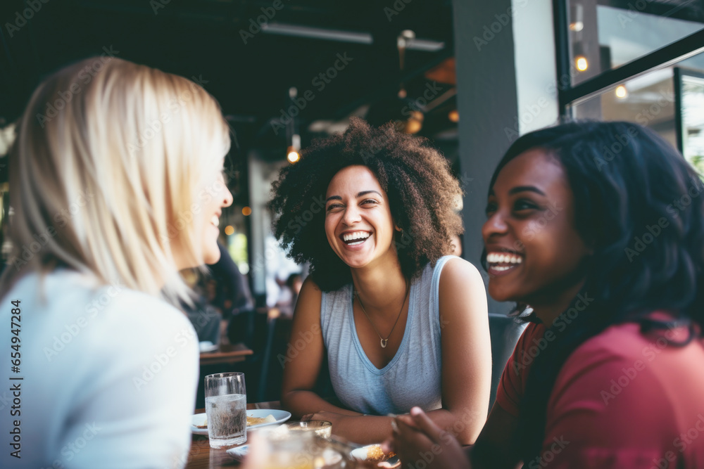 Happy smiling female friends sitting in a café laughing and talking during a lunch break Happy smiling female friends sitting in a café laughing and talking during a lunch break