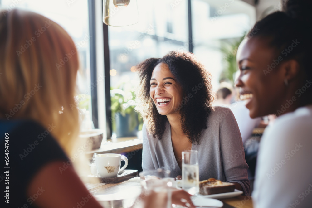 Fototapeta premium Happy smiling female friends sitting in a café laughing and talking during a lunch break
