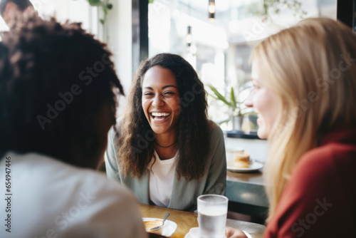 Happy smiling female friends sitting in a caf   laughing and talking during a lunch break