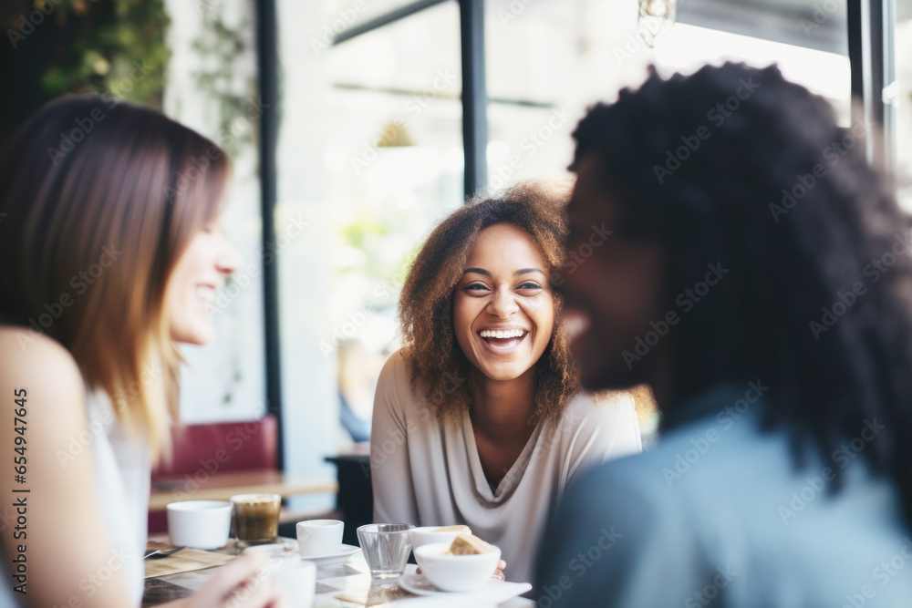 Happy smiling female friends sitting in a café laughing and talking during a lunch break Happy smiling female friends sitting in a café laughing and talking during a lunch break