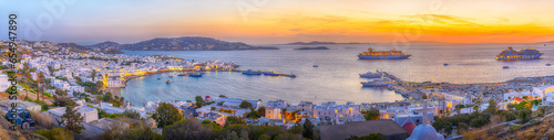 Landscape with Mykonos Town Chora at sunset, Mykonos island, Greece Cyclades