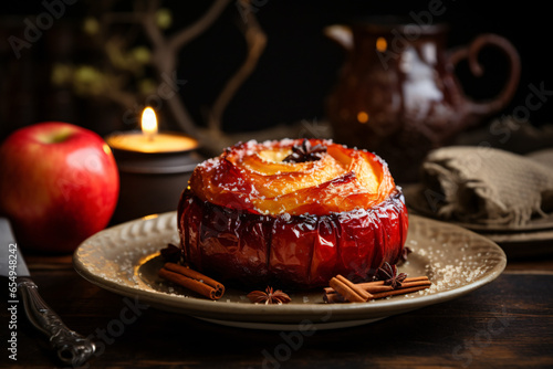 warm baked apple were placed on the table photo