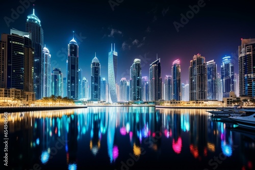 skyline of Dubai Marina at night in United Arab Emirates. Generative AI
