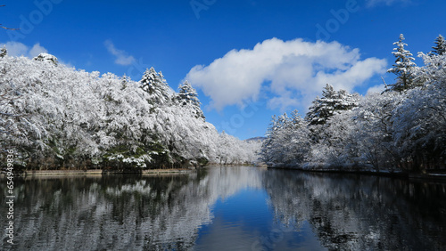 Snowy Kumobaike Pond in the Winter, Karuizawa, Japan photo