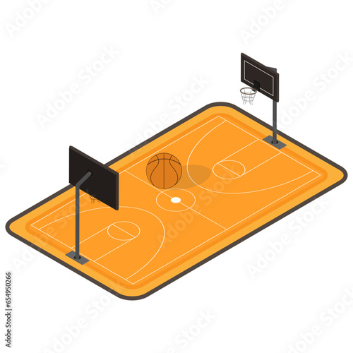 Isometric Basketball Court with a Basketball and a Hoop on a White Background