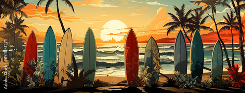 Surfboards lay on a beach with sun dawn evening