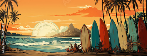 Colorful sundawn illustration with surfboards standing on beach  photo