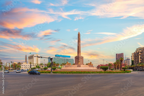 Ramses II Obelisk in the Tahrir Square, beautiful sunset view of Cairo, Egypt