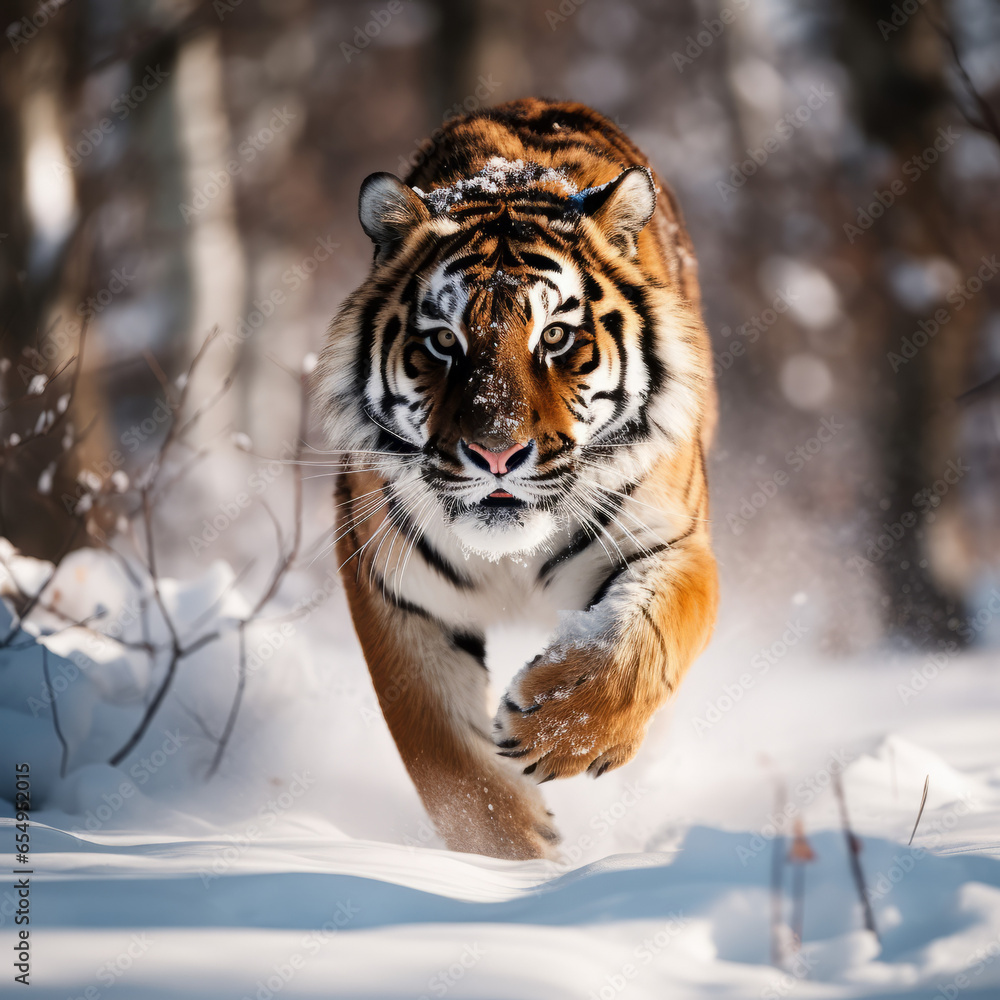 Tiger in wild running in the snow, action wildlife scene