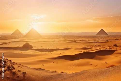 Desert sunset with Egyptian pyramids, vast panorama. Generative AI