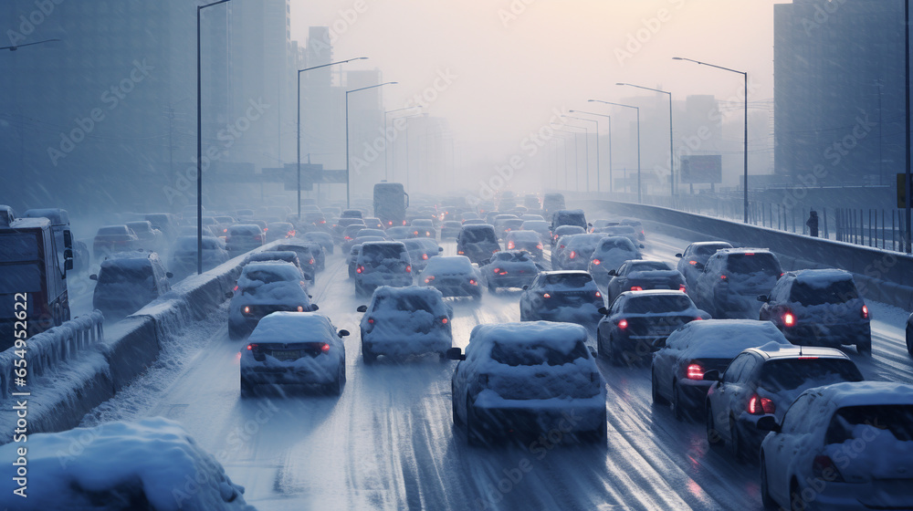 large traffic jams due to very low temperatures, ice and snow, cars in a winter traffic jam. generative artificial intelligence
