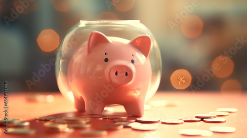 Piggy bank with gold coins photo
