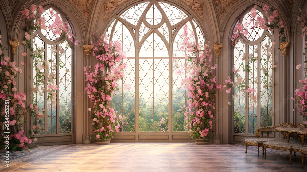 Luxury Palace hall Interior with big windows and walls decorated with frescoes and murals pink roses and flowers compositions. ai generative