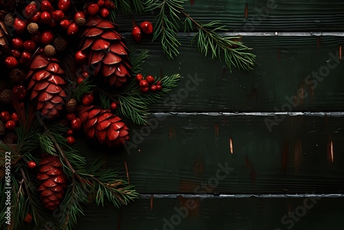 christmas background fir cones and leaves on the background of wooden boards