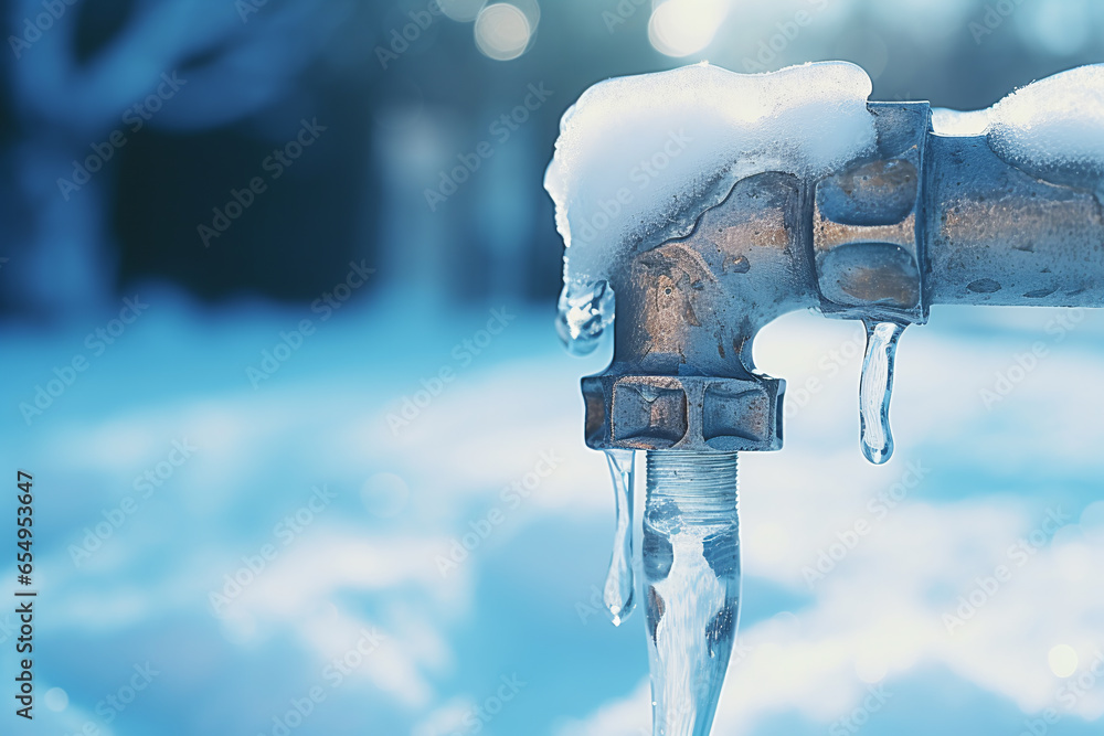 A frozen water pipe in winter, close-up, shallow depth of field. water tap covered with ice. ai generative - obrazy, fototapety, plakaty 