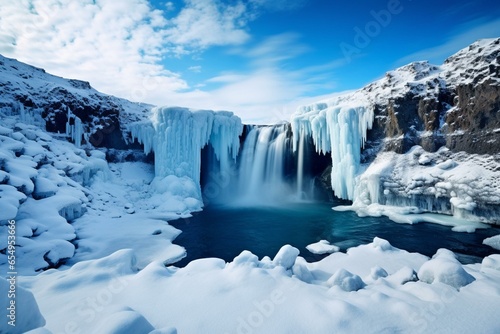 Winter view of frozen waterfall in Iceland. Generative AI © Kaida