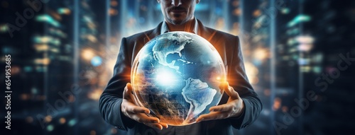 Businessman hold global business earth in his hands photo