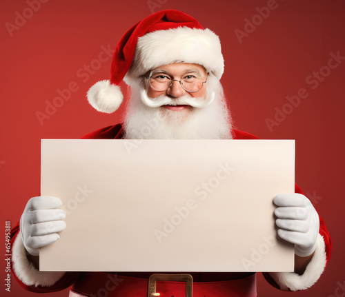 Happy Santa Claus holding blank advertisement banner background with copy space. Smiling Santa Claus pointing in white blank sign. Christmas theme, sales © amankris99