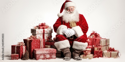 Santa claus with presents sitting isolated on white background, template for design. banner photo