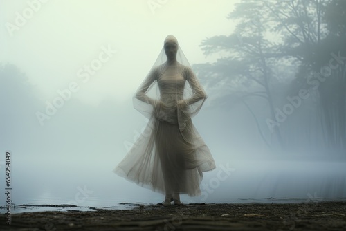 Surrealism and mysticism invisible figure in the fog on the lake shore 