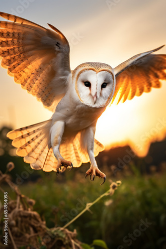 Owl flight, landing in the grass