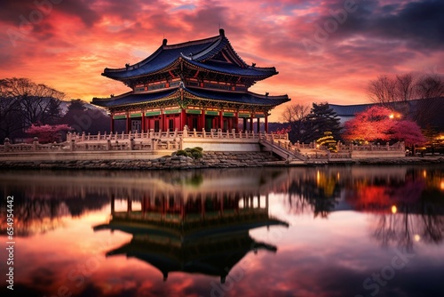 The historic Gyeongbokgung palace in Seoul, South Korea at twilight. Generative AI