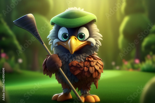 Eagle playing golf on a green field. 3d illustration. Golf player with golf club in the field.  photo