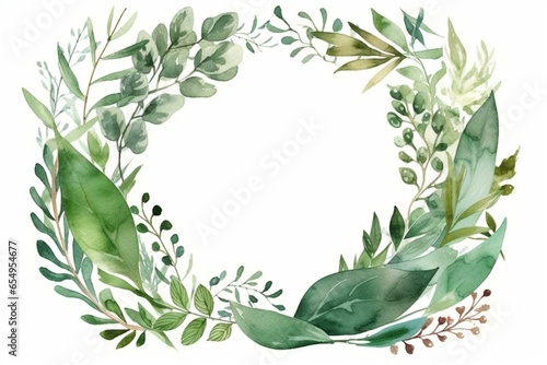 Greenery watercolor frame with leaves, branch, plant, and flora. Illustration for wedding invitation card. Generative AI