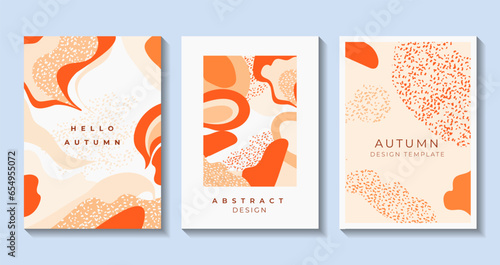 Set of abstract autumn artistic backgrounds. Banners with soft shapes in trendy colors. Use for event invitation, discount voucher, advertising. Vector illustration